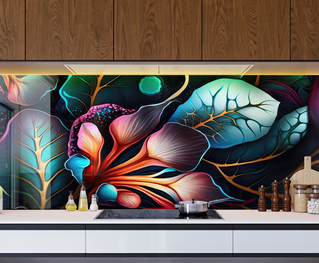 Midnight Jungle Glow - Glass Kitchen Backsplash-BacksplashArtworks