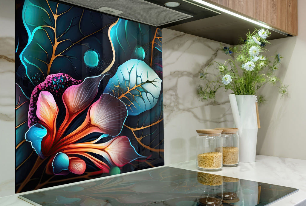 Midnight Jungle Glow - Glass Kitchen Backsplash-BacksplashArtworks