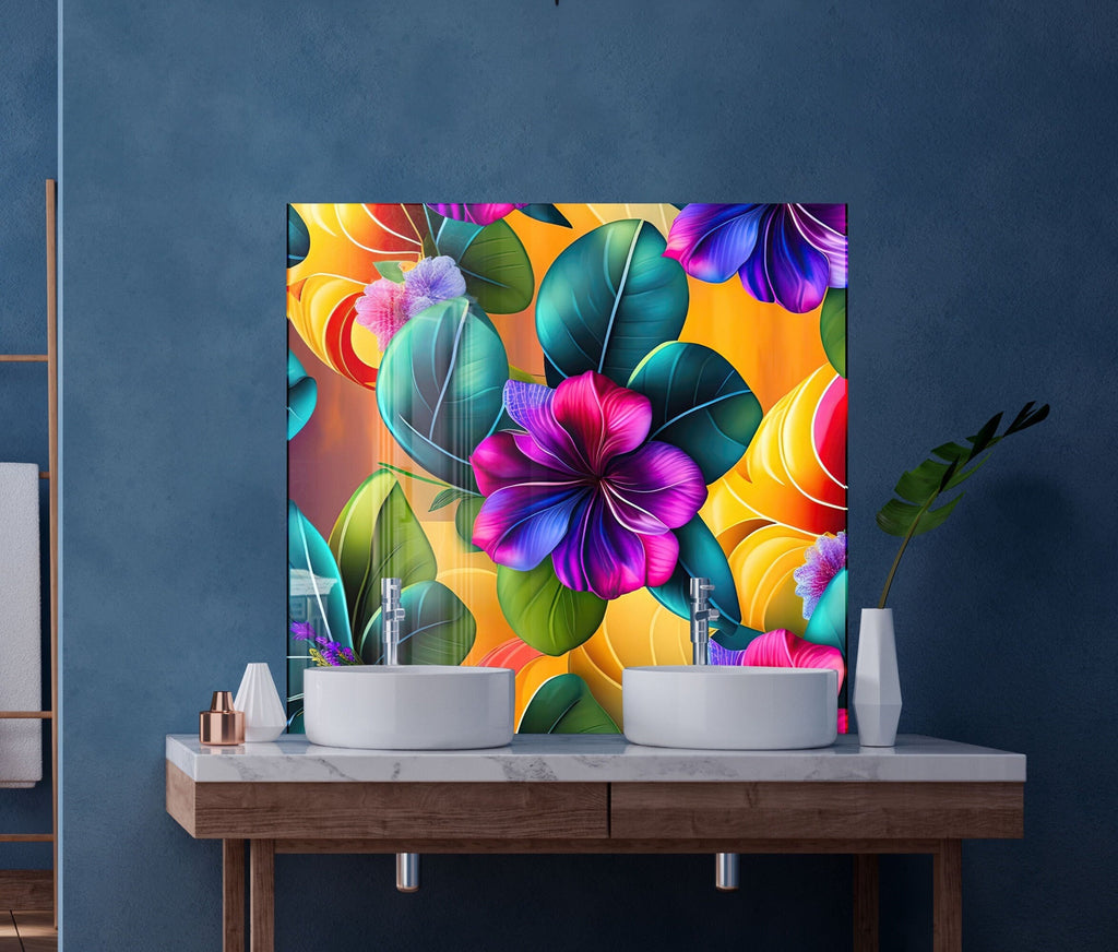 Tropical Bloom Fiesta - Glass Kitchen Backsplash-BacksplashArtworks