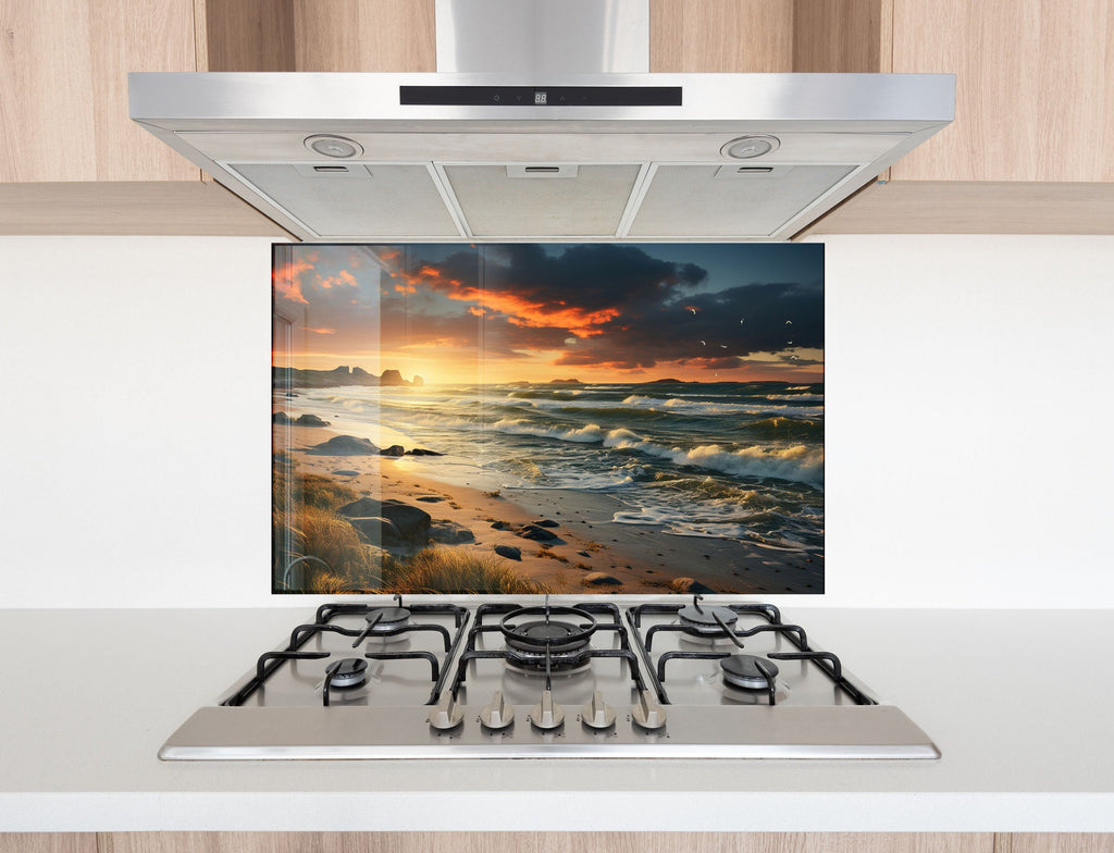 Sunset Beach Waves - Tempered Glass Kitchen Backsplash-BacksplashArtworks