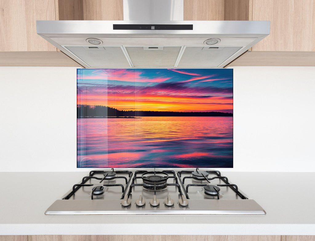 Sunset Over Tranquil Lake - Tempered Glass Kitchen Backsplash-BacksplashArtworks