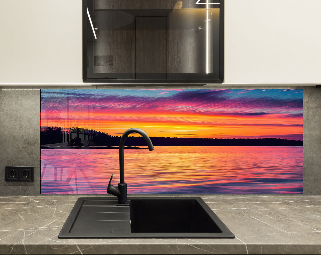 Sunset Over Tranquil Lake - Tempered Glass Kitchen Backsplash-BacksplashArtworks