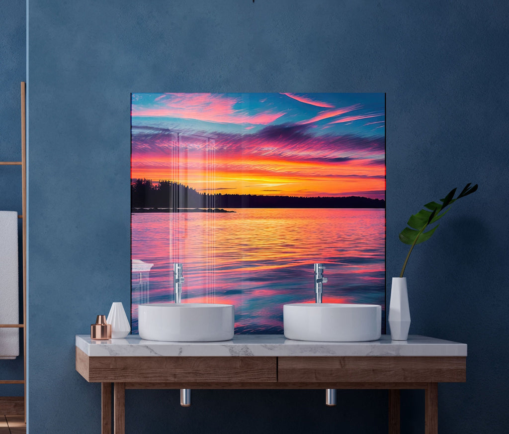 Sunset Over Tranquil Lake - Tempered Glass Kitchen Backsplash-BacksplashArtworks