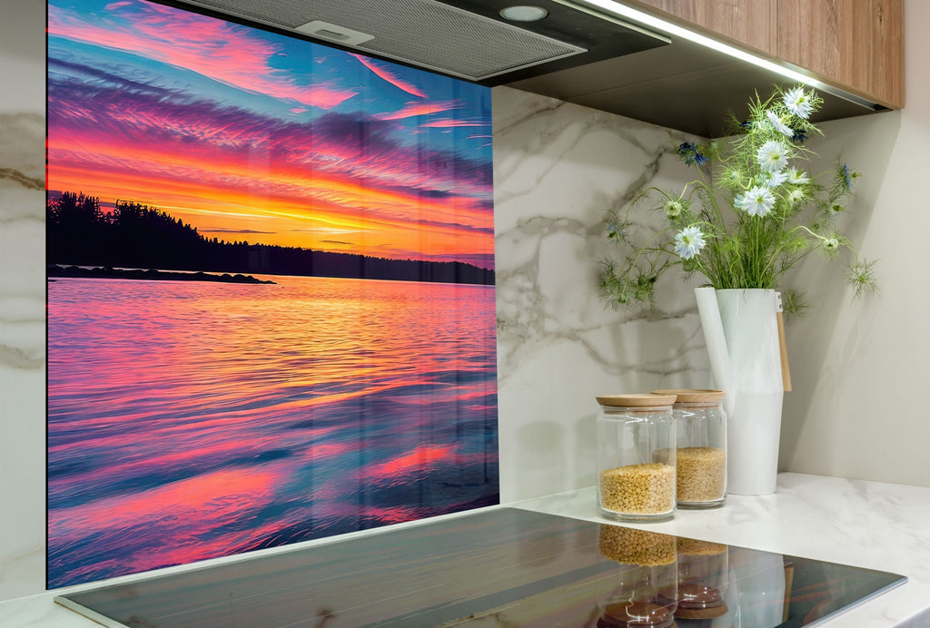 Sunset Over Tranquil Lake - Tempered Glass Kitchen Backsplash-BacksplashArtworks
