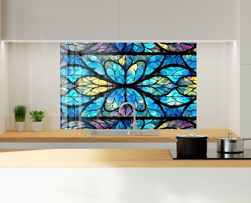 Blue Floral Stained - Glass Kitchen Backsplash-BacksplashArtworks