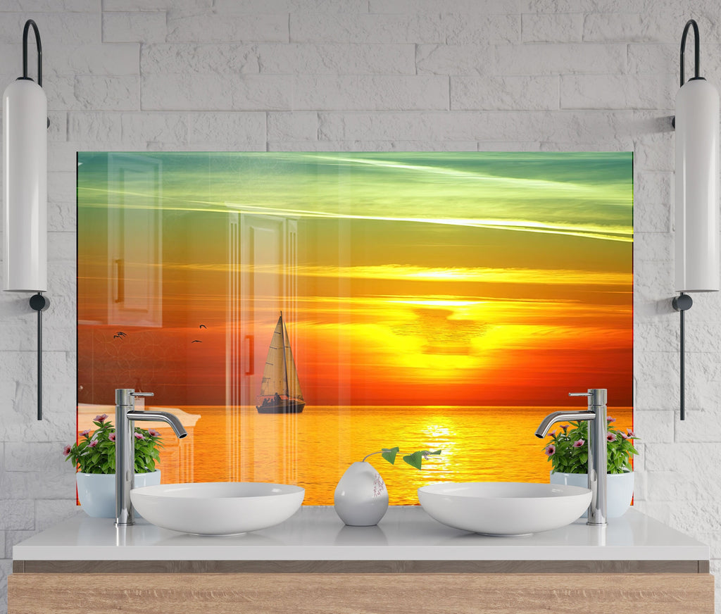 Golden Sunset Sailboat - Glass Kitchen Backsplash-BacksplashArtworks