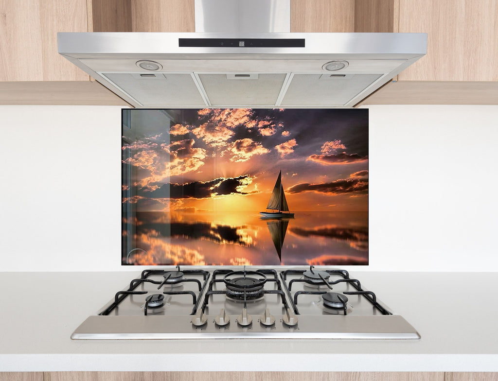 Golden Sunset Sail - Tempered Glass Kitchen Backsplash-BacksplashArtworks