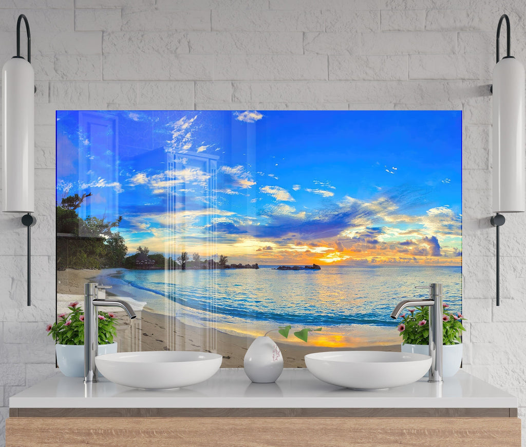 Tropical Sunset Beach View Wall Art – Tempered Glass Bathroom Backsplash-BacksplashArtworks