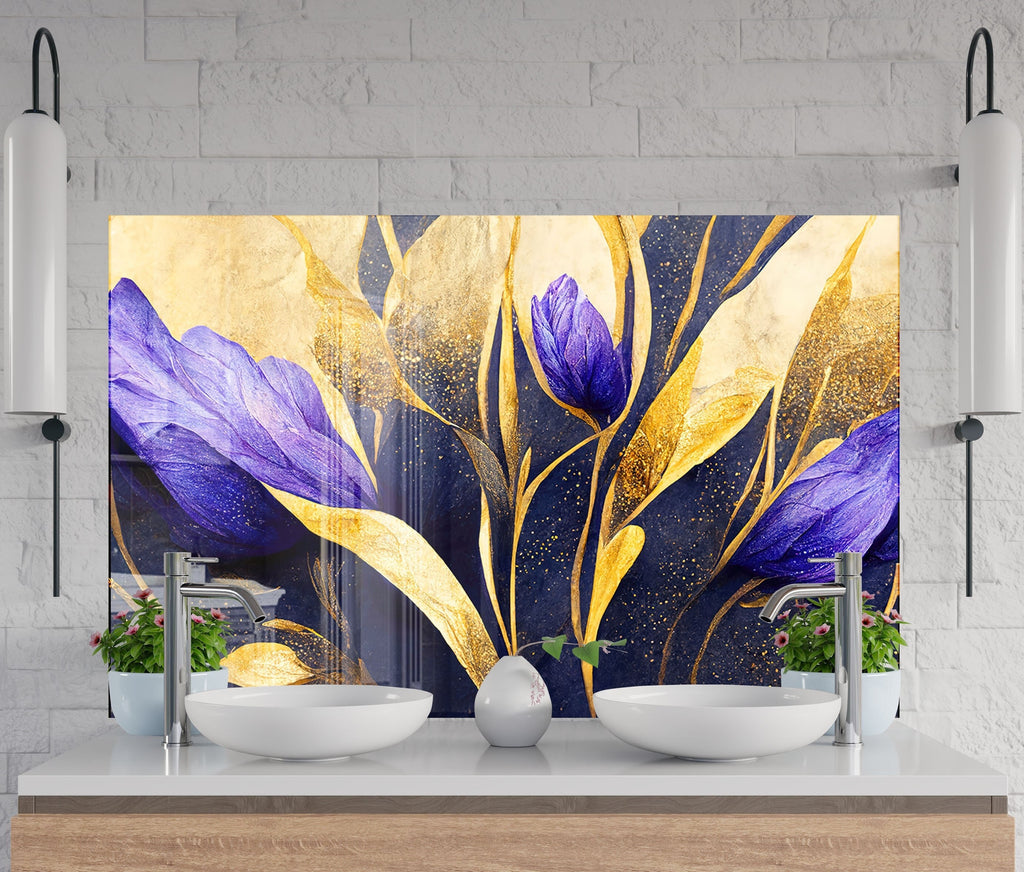 Purple Flower Tempered Glass Backsplash-BacksplashArtworks