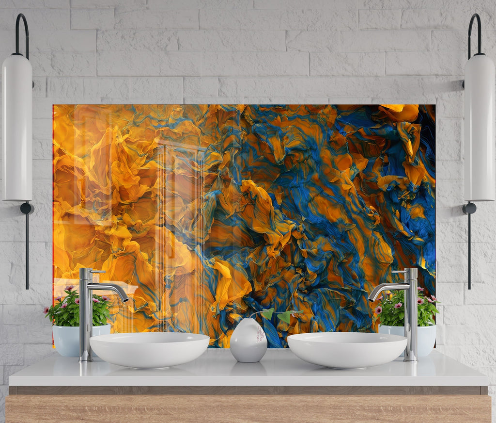 Golden & Blue Marble Waves - Glass Kitchen Backsplash-BacksplashArtworks