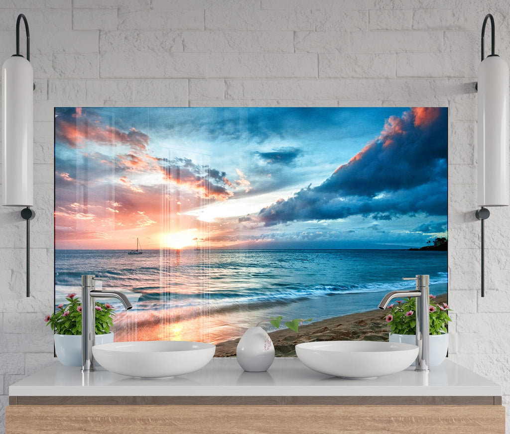 Ocean Sunset Serenity - Tempered Glass Kitchen Backsplash-BacksplashArtworks