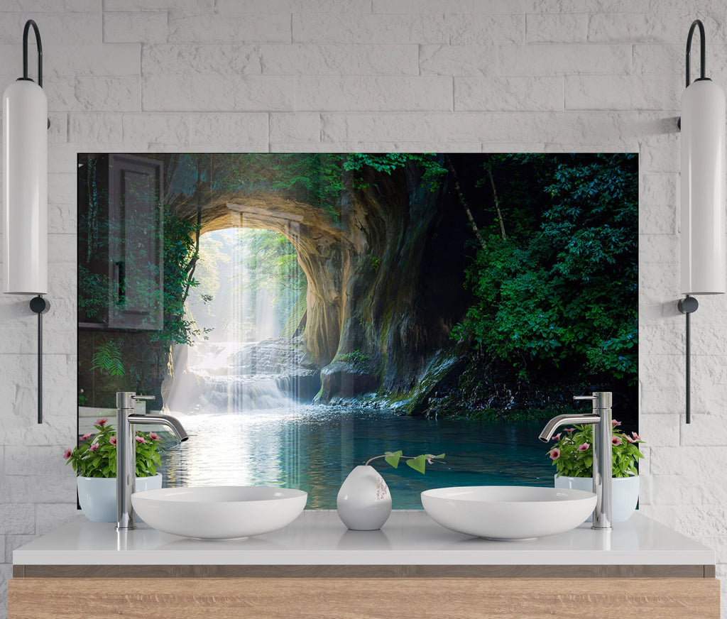 Mystical Forest Waterfall Wall Art - Tempered Glass Kitchen Backsplash-BacksplashArtworks