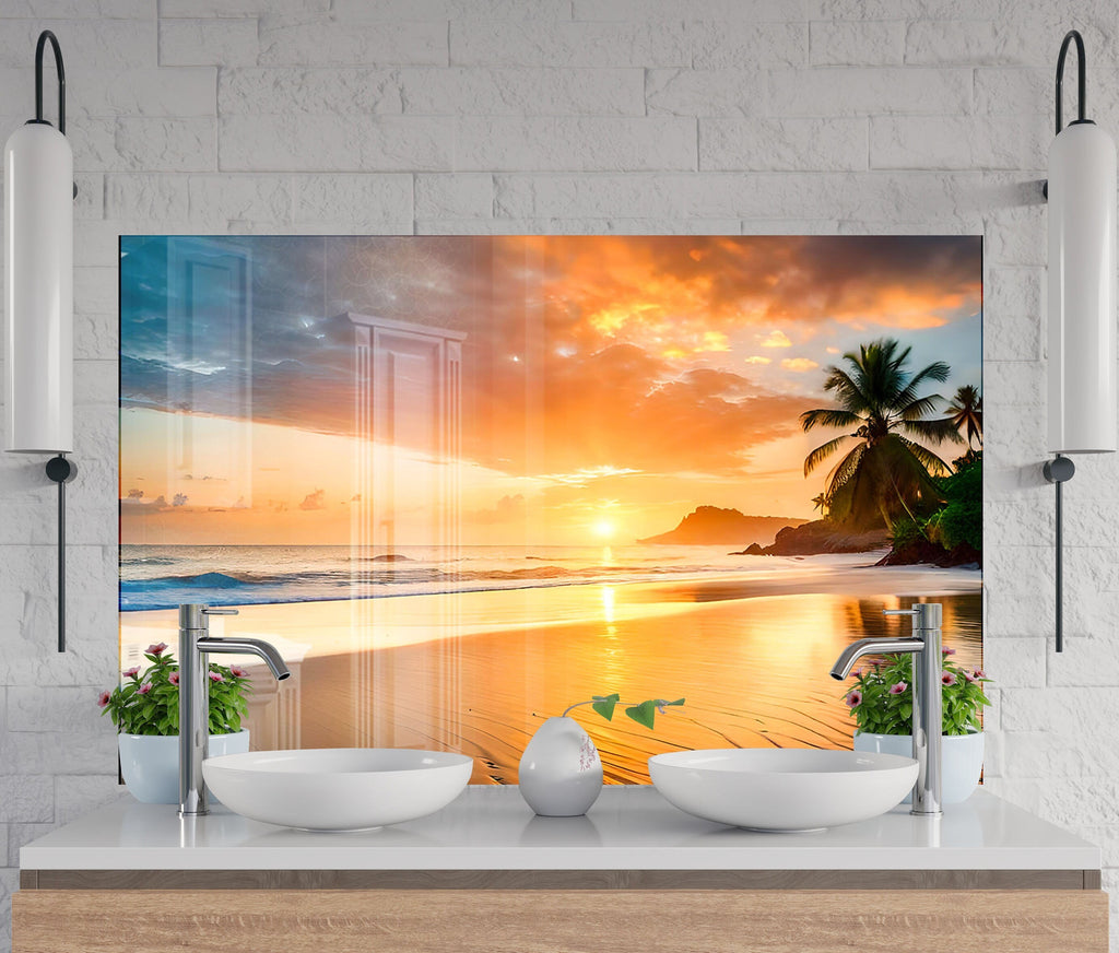 Tropical Sunset Beach Wall Art – Tempered Glass Bathroom Backsplash-BacksplashArtworks