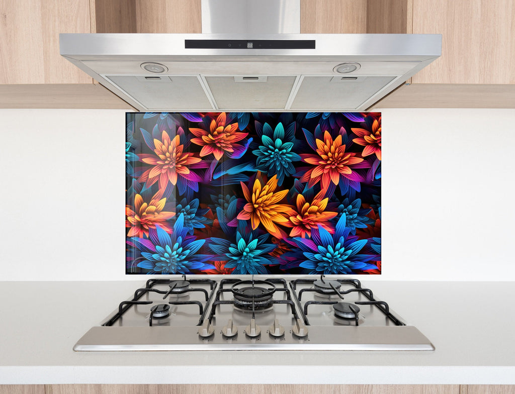 Neon Dahlia Delight - Glass Kitchen Backsplash-BacksplashArtworks