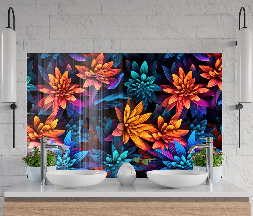 Neon Dahlia Delight - Glass Kitchen Backsplash-BacksplashArtworks