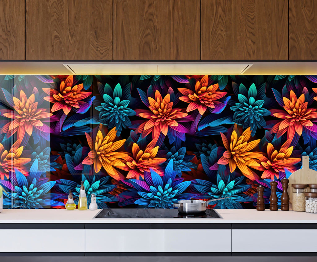 Neon Dahlia Delight - Glass Kitchen Backsplash-BacksplashArtworks