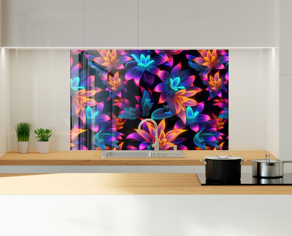 Neon Bloom Illumination - Glass Kitchen Backsplash-BacksplashArtworks