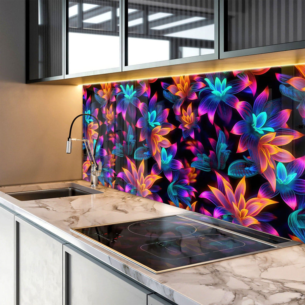 Neon Bloom Illumination - Glass Kitchen Backsplash-BacksplashArtworks