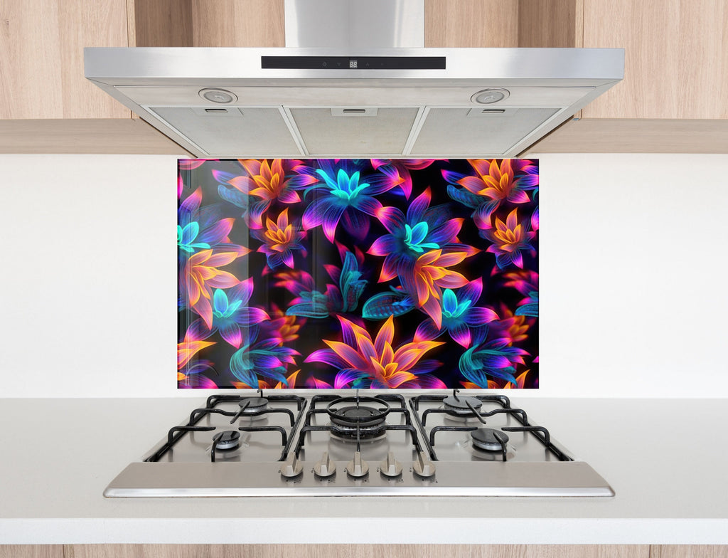 Neon Bloom Illumination - Glass Kitchen Backsplash-BacksplashArtworks