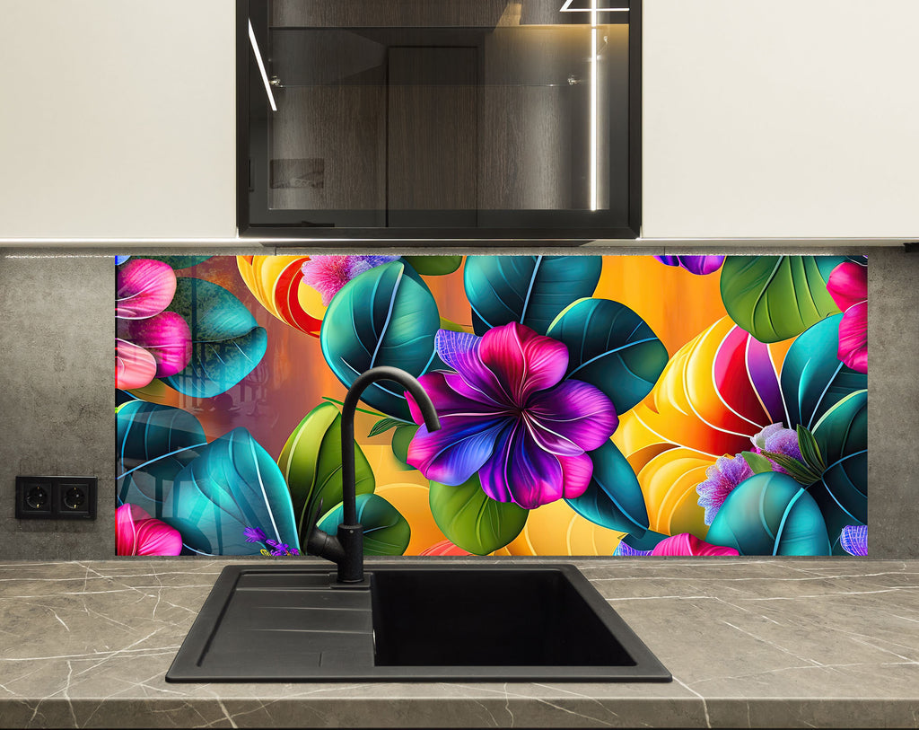 Tropical Bloom Fiesta - Glass Kitchen Backsplash-BacksplashArtworks