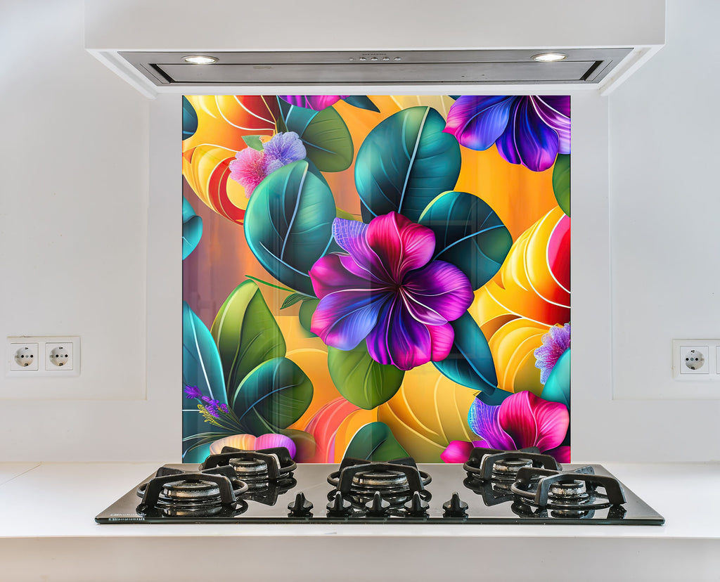 Tropical Bloom Fiesta - Glass Kitchen Backsplash-BacksplashArtworks