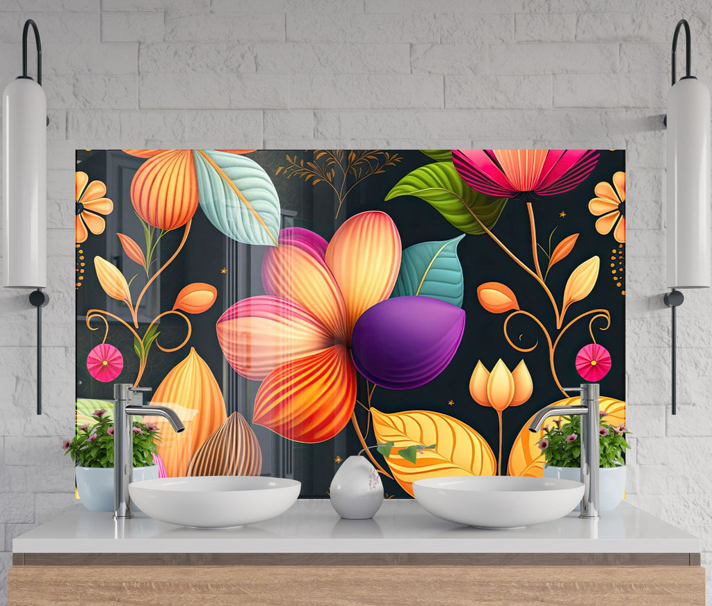 Vibrant Botanical Fiesta - Glass Kitchen Backsplash-BacksplashArtworks