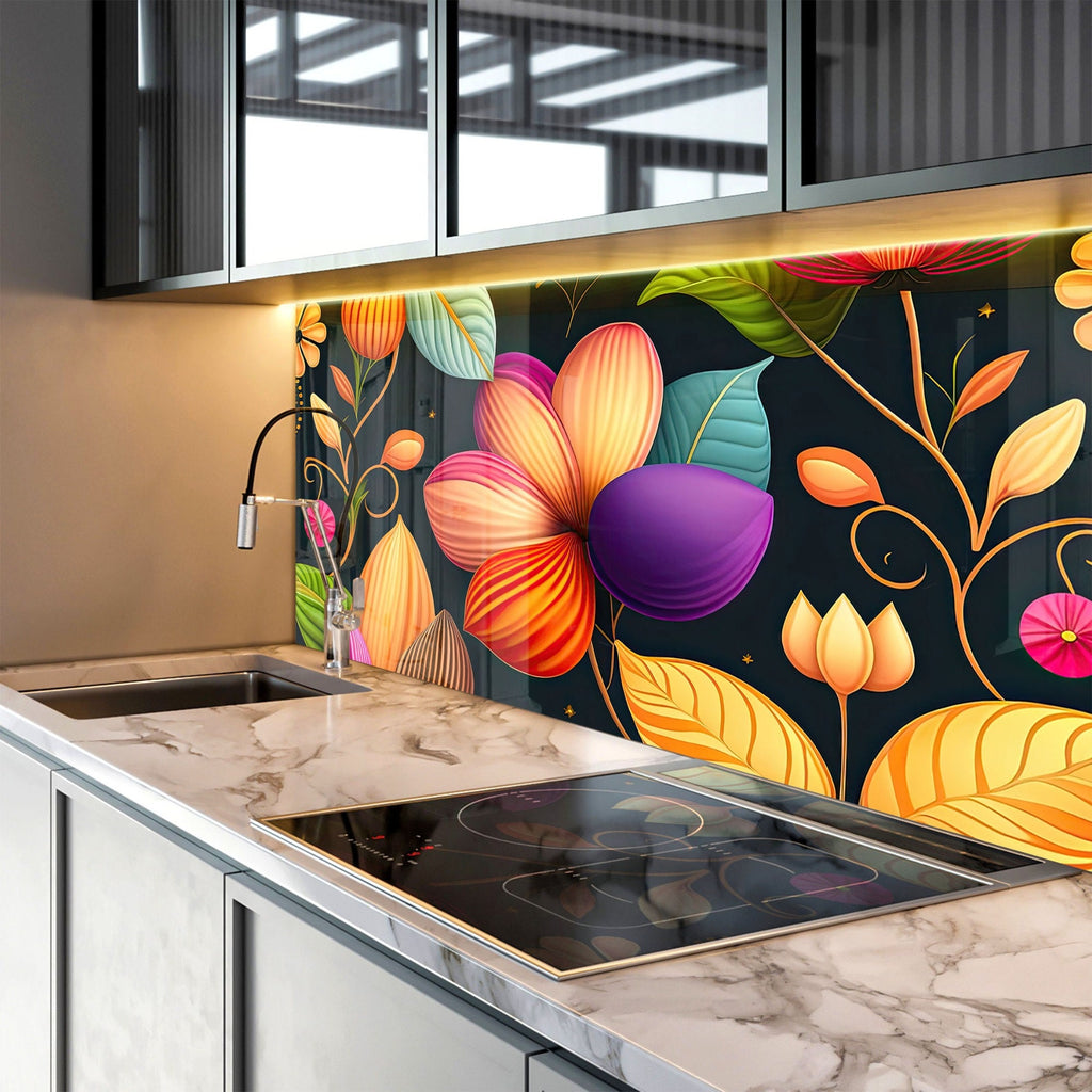 Vibrant Botanical Fiesta - Glass Kitchen Backsplash-BacksplashArtworks