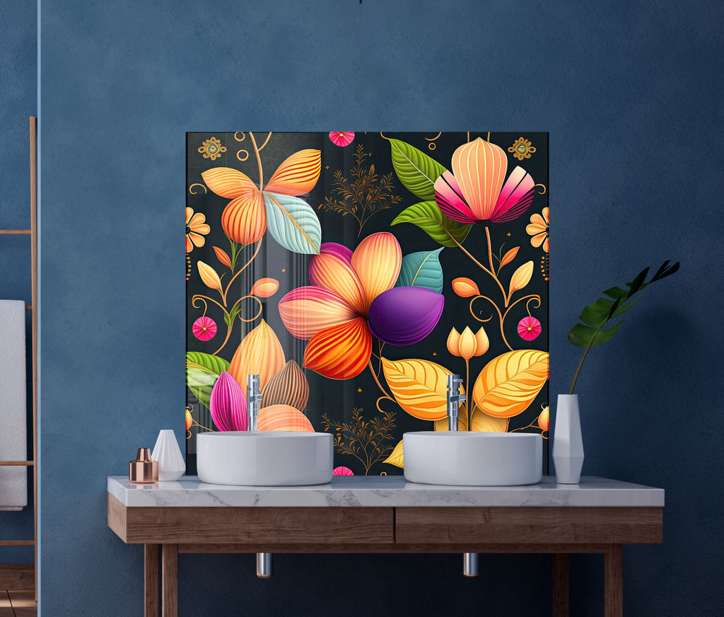 Vibrant Botanical Fiesta - Glass Kitchen Backsplash-BacksplashArtworks