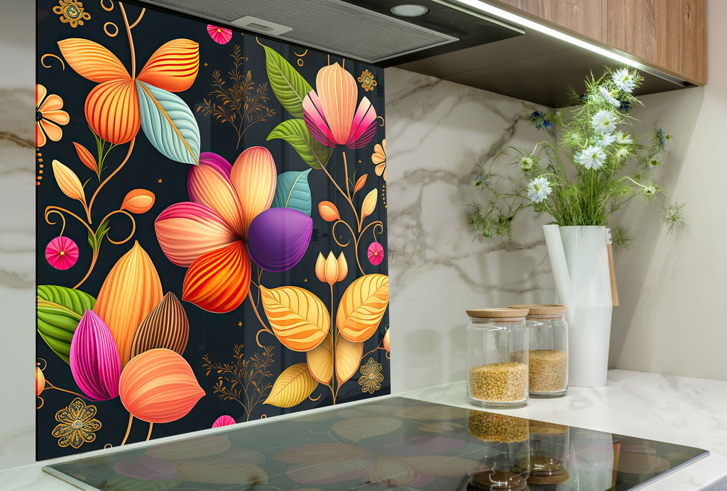 Vibrant Botanical Fiesta - Glass Kitchen Backsplash-BacksplashArtworks
