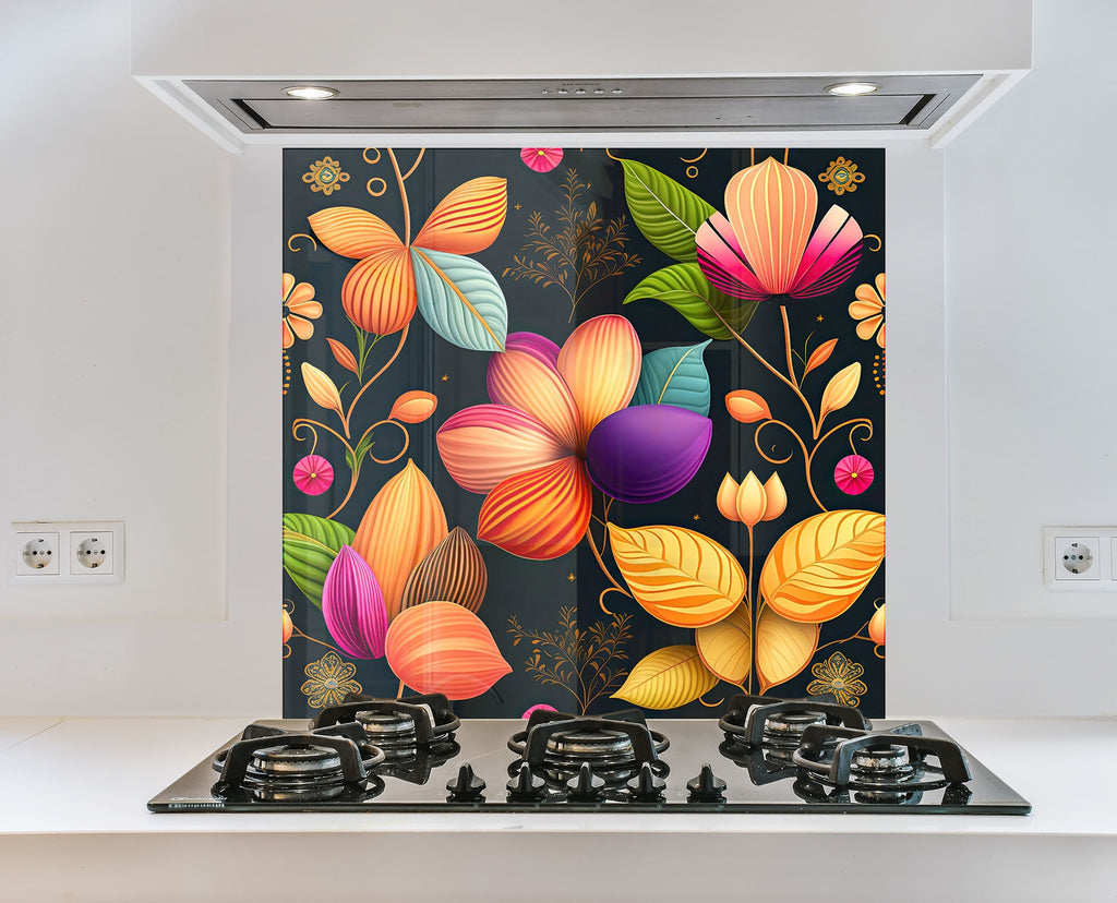 Vibrant Botanical Fiesta - Glass Kitchen Backsplash-BacksplashArtworks