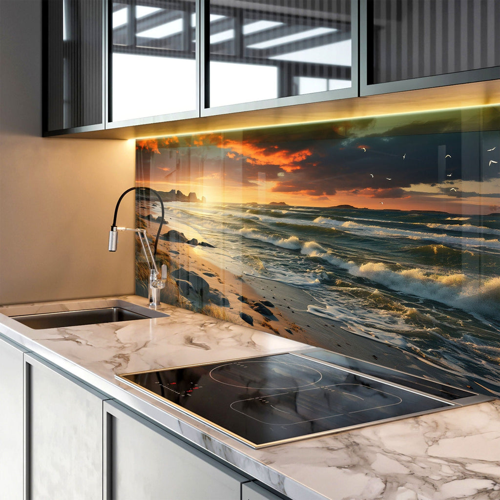 Sunset Beach Waves - Tempered Glass Kitchen Backsplash-BacksplashArtworks