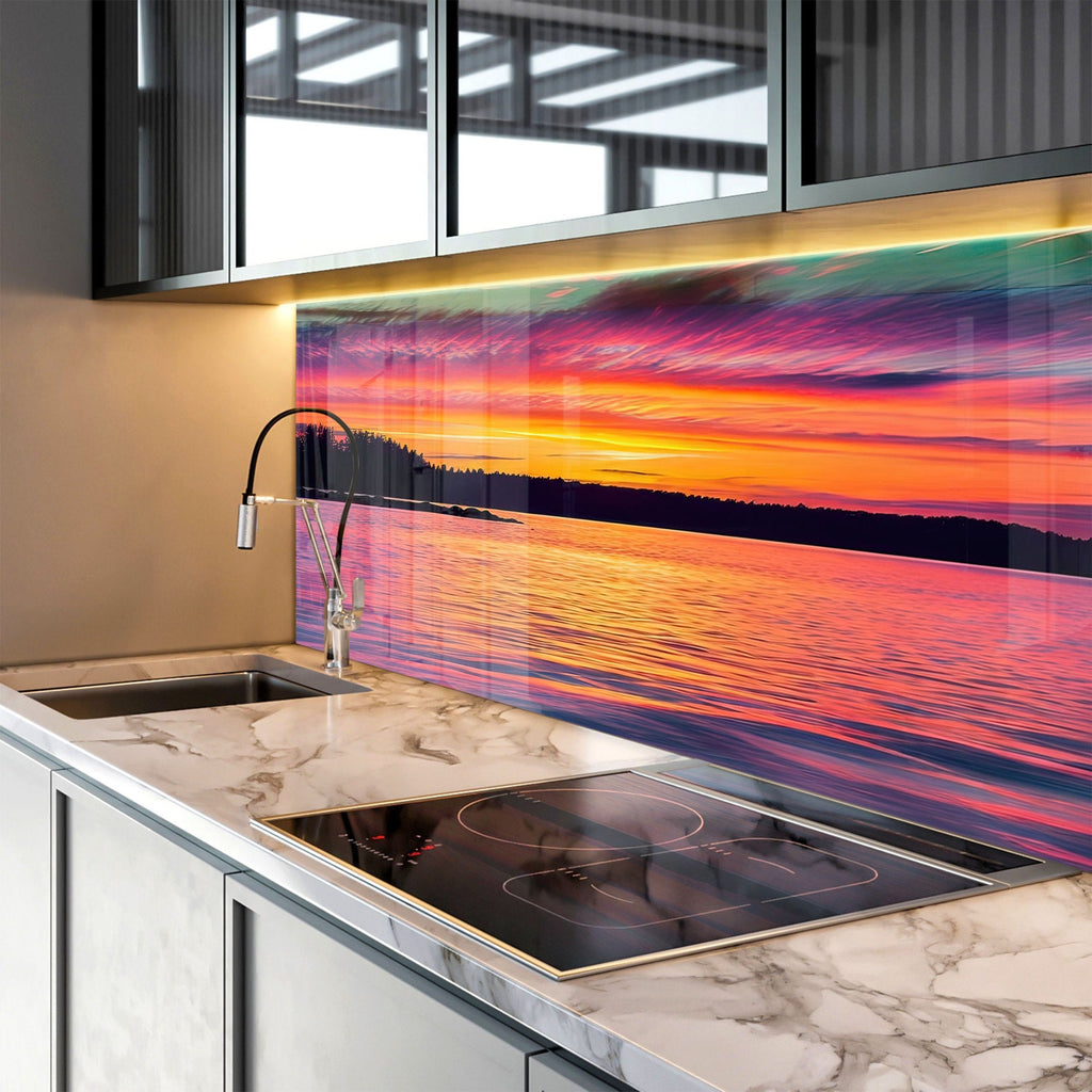 Sunset Over Tranquil Lake - Tempered Glass Kitchen Backsplash-BacksplashArtworks