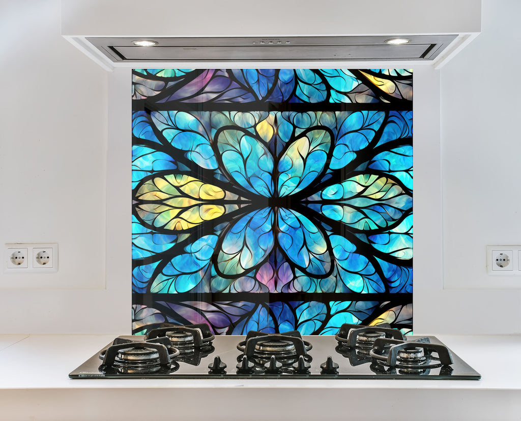 Blue Floral Stained - Glass Kitchen Backsplash-BacksplashArtworks