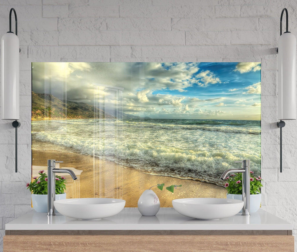 Golden Beach Waves - Tempered Glass Kitchen Backsplash-BacksplashArtworks