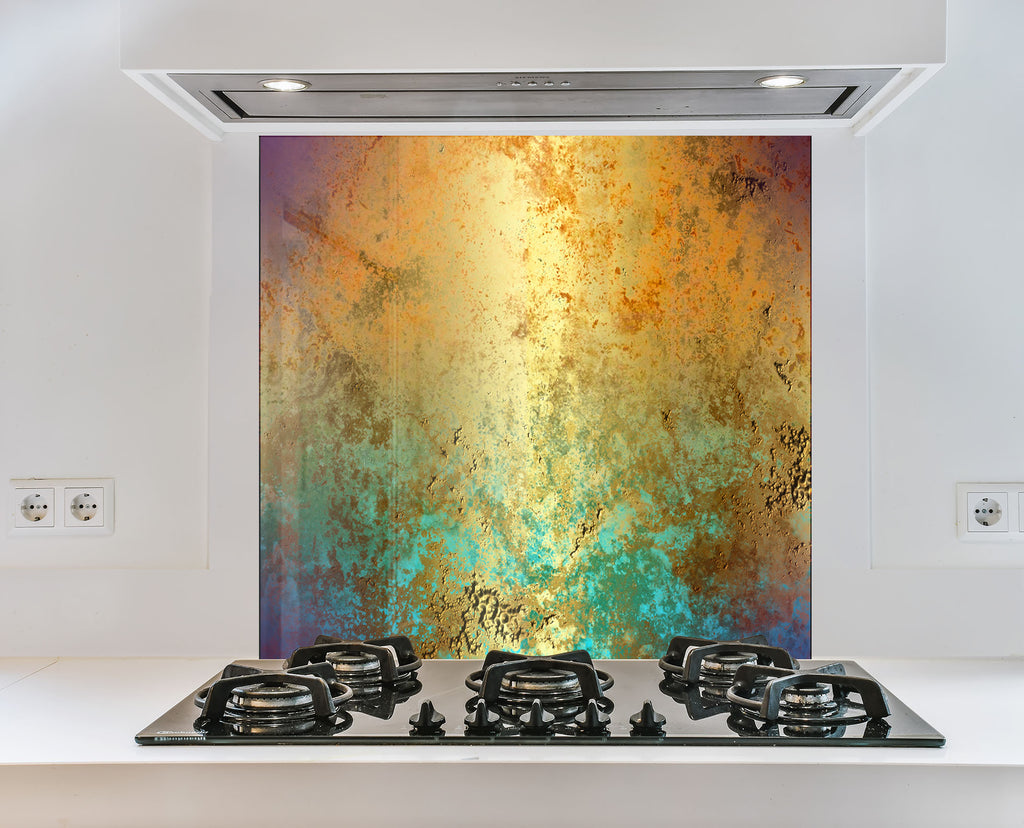 Golden & Teal Abstract - Glass Kitchen Backsplash-BacksplashArtworks