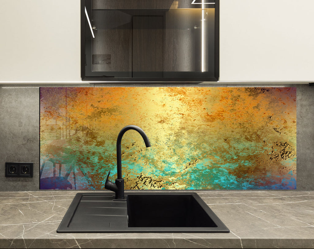 Golden & Teal Abstract - Glass Kitchen Backsplash-BacksplashArtworks