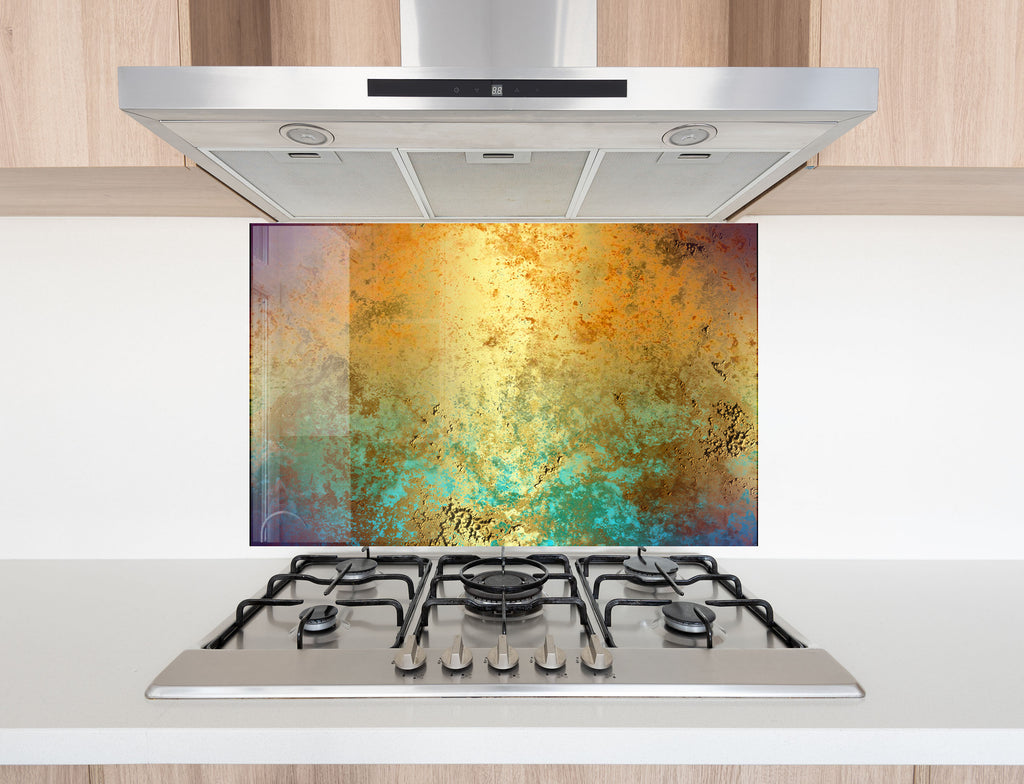 Golden & Teal Abstract - Glass Kitchen Backsplash-BacksplashArtworks