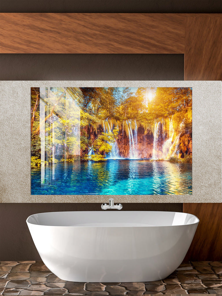 Golden Waterfall Paradise – Glass Kitchen Backsplash-BacksplashArtworks