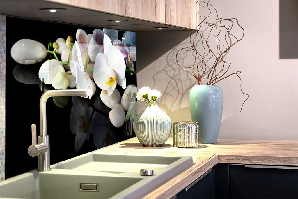White Orchid Floral Tempered Glass Backsplash-BacksplashArtworks