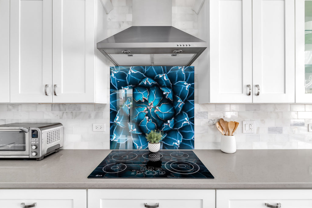 Blue Flowers Tempered Glass Backsplash-BacksplashArtworks