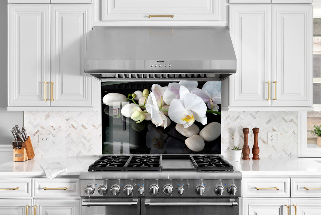 White Orchid Floral Tempered Glass Backsplash-BacksplashArtworks