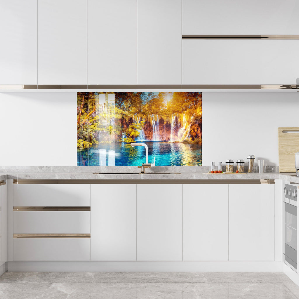 Golden Waterfall Paradise – Glass Kitchen Backsplash-BacksplashArtworks