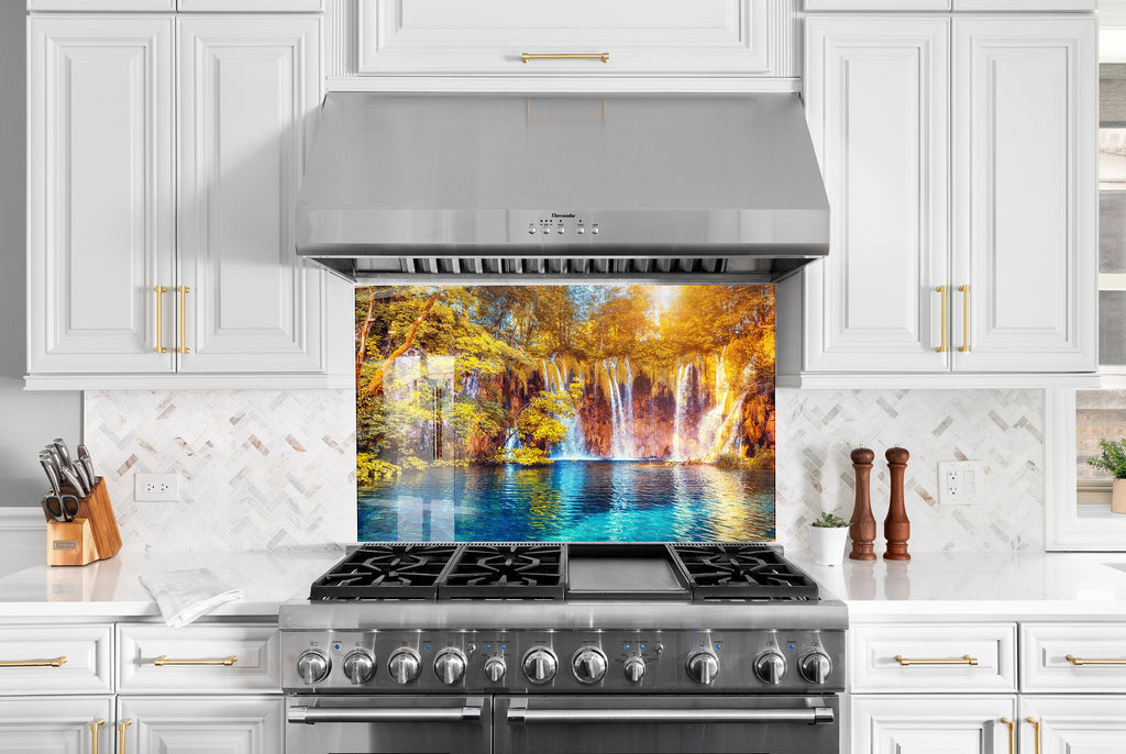 Golden Waterfall Paradise – Glass Kitchen Backsplash-BacksplashArtworks