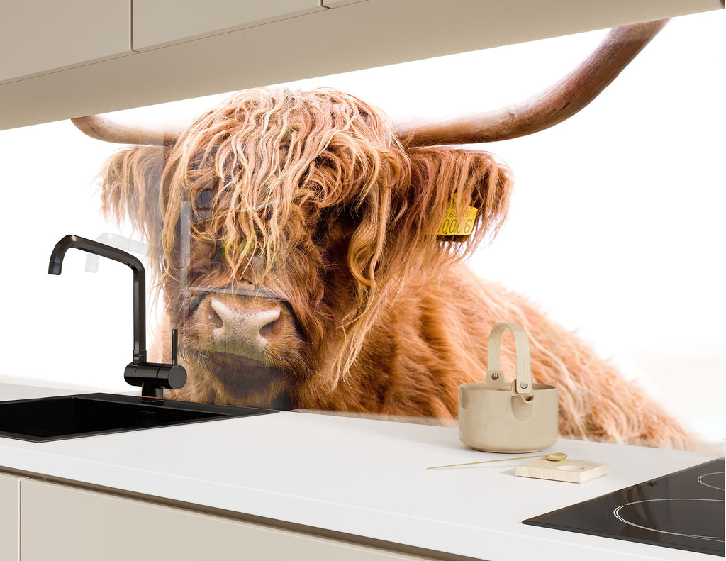 Highland Cow Rustic Elegance – Farmhouse Glass Kitchen Backsplash-BacksplashArtworks