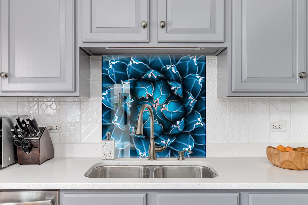 Blue Flowers Tempered Glass Backsplash-BacksplashArtworks