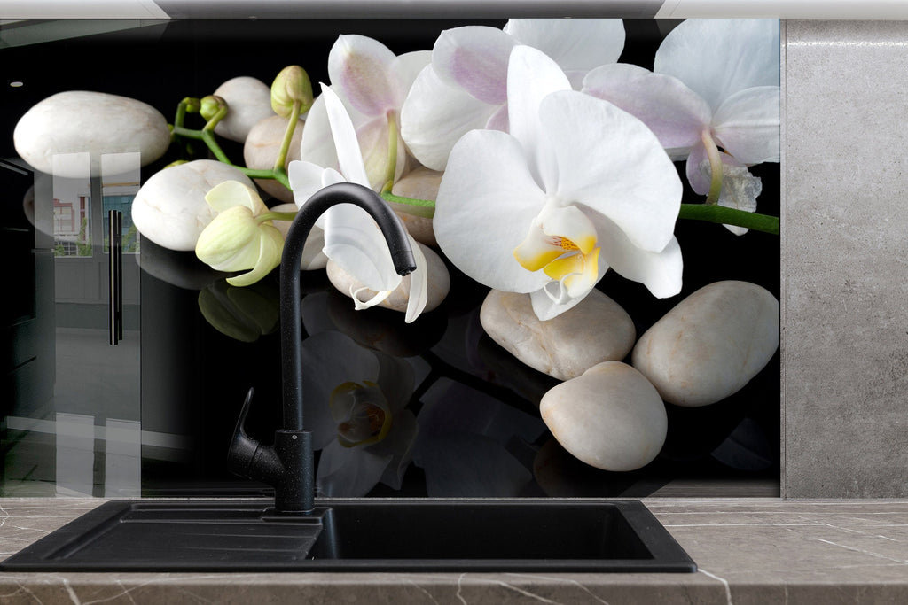 White Orchid Floral Tempered Glass Backsplash-BacksplashArtworks