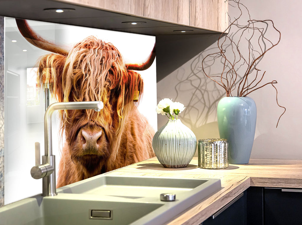 Highland Cow Rustic Elegance – Farmhouse Glass Kitchen Backsplash-BacksplashArtworks