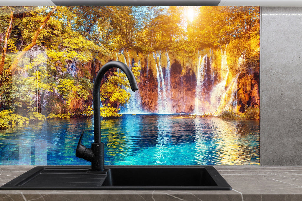 Golden Waterfall Paradise – Glass Kitchen Backsplash-BacksplashArtworks