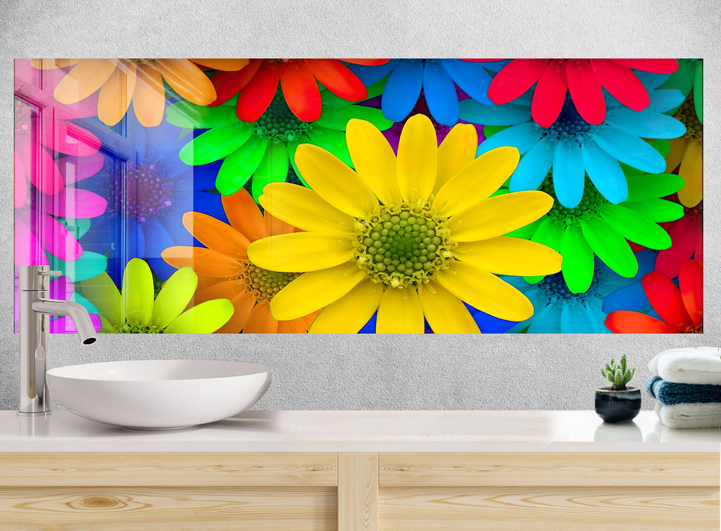 Colorful Flowers Tempered Glass Backsplash-BacksplashArtworks