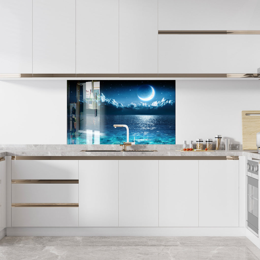 Moonlit Ocean Serenity – Glass Kitchen Backsplash-BacksplashArtworks